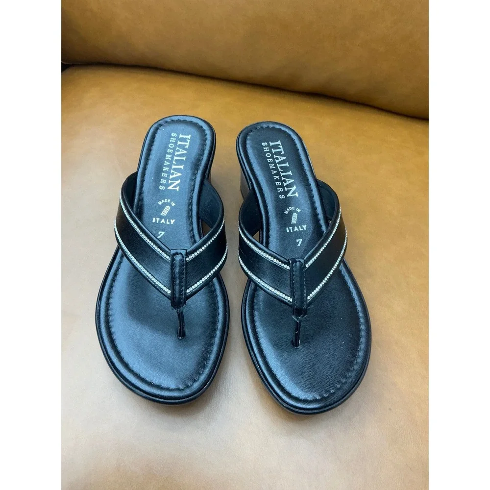 Italian Shoemakers Dorya Wedge Sandals Womens 7 Black Rhinestone Trim